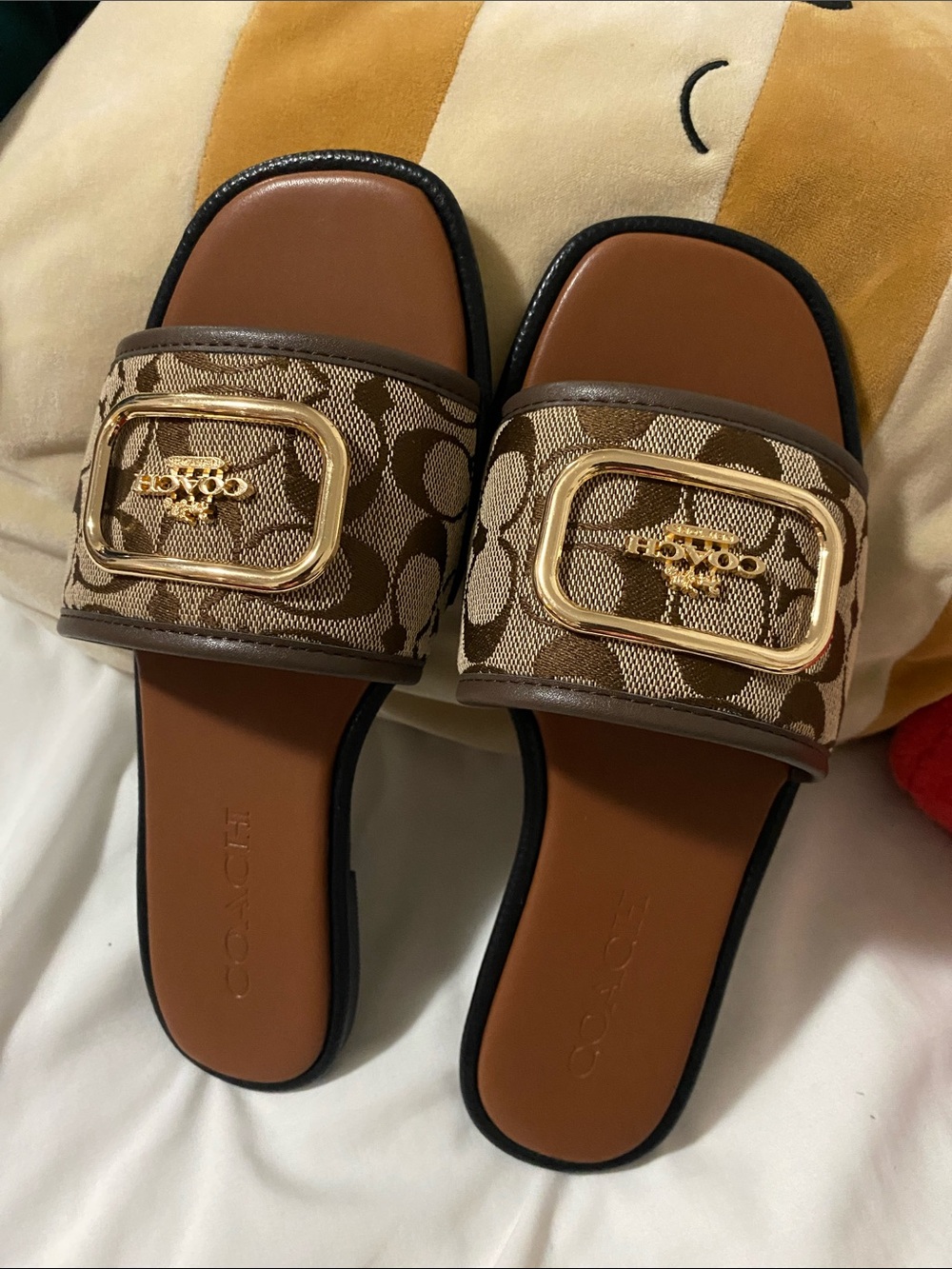 Coach Signature Jacquard Slide Sandals in Brown and Tan with Gold Buckle